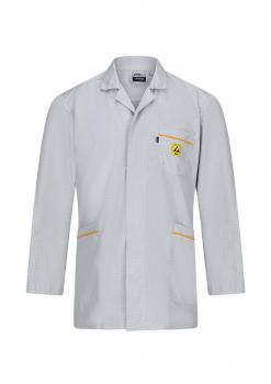 The image shows a gray lab coat with long sleeves. It has a collar, a chest pocket with a warning symbol, and two side pockets with yellow accents.