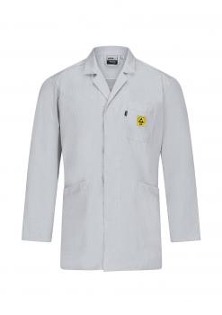 The image shows a light gray lab coat. It has long sleeves, a collar, and two patch pockets. There is a yellow symbol on the left chest side.
