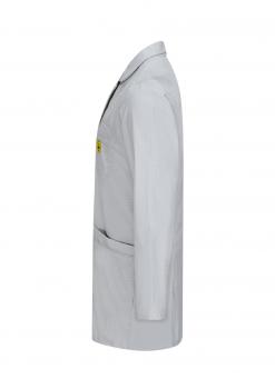 The image shows a gray lab coat depicted from the side. It has a lapel collar, long sleeves, and a chest pocket with a yellow patch.