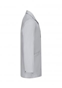 The image shows a gray blazer from the side. It has long sleeves, a classic cut, and a chest pocket. The surface appears smooth and the fabric looks slightly textured.