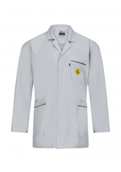 The image shows a white, classic lab coat. It has long sleeves, a lapel collar, and two side pockets. There is a yellow logo on the left chest.