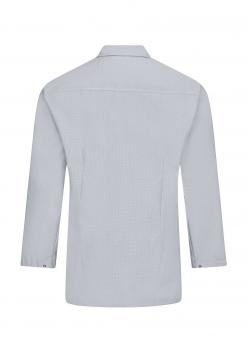 The image shows a light blue shirt with long sleeves and a classic collar. The back is plain and without any special details, the seam is well-crafted and straight.