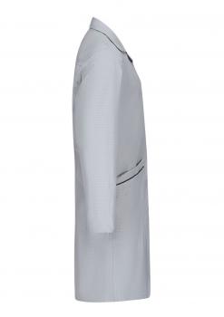 The image shows a gray, long coat made from a textured fabric. It has long sleeves, a lapel collar, and a side pocket. The coat has a simple, elegant shape.