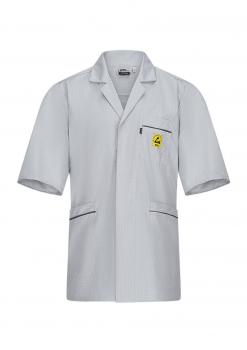 The image shows a light gray coat with short sleeves. It has a chest pocket and two side pockets. On the left side, there is a yellow logo.