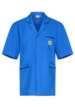 The picture shows a short-sleeved, blue smock. It has a classic cut, a chest pocket, and two side pockets. A yellow logo is visible on the chest pocket.