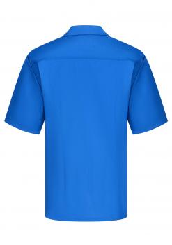 Das Bild zeigt ein einfarbiges, königsblaues Poloshirt mit kurzen Ärmeln. Der Kragen ist schlicht, und es gibt keine auffälligen Verzierungen. Die Rückseite ist ebenso unifarben.