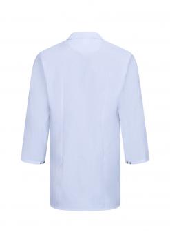 The image shows a light blue, long-sleeved shirt with a minimalist design. It features a classic collar and a straight-cut back with no special details.