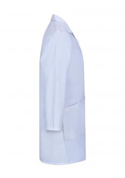 The image displays a white lab coat shown from the side. It features long sleeves and a side opening for storing items. The fabric appears smooth and lightweight.
