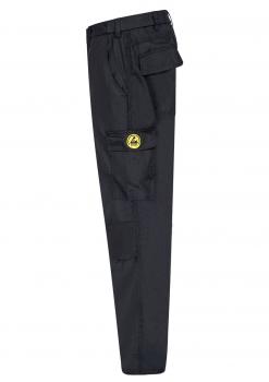 The image shows a black cargo pants. It has side pockets and a large round yellow patch on the thigh. The pants are straight cut and appear sturdy.
