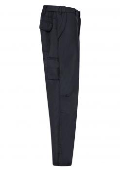 The image shows a dark, plain fabric pants in a side profile. It features a straight shape and a side pocket flap. The waistband is simply designed.
