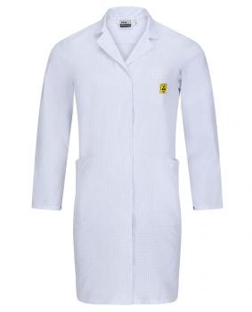 The image shows a white lab coat made of lightweight fabric. It has long sleeves, a collar, and two side pockets. There is a yellow emblem on the left chest side.