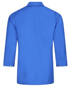 The image shows a long-sleeve top in bold blue. The back is plain, the cut is straight and it has a classic collar with buttons on the sleeves.