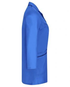 In the picture, there is a blue jacket. It features a simple, plain cut with a long sleeve and a pocket on the front. The fabric appears smooth and modern.