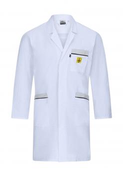The image shows a white lab coat with long sleeves. It has a chest pocket with a warning symbol and black details on the pockets. The coat looks professional and clean.