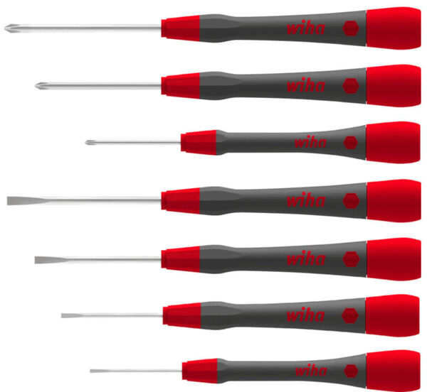 The image shows a set of six screwdrivers in a holder. The handles are gray with red accents. The screwdrivers have narrow, long tips pointing in different directions.