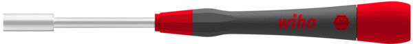 The image shows a screwdriver with a long, slender, metallic head and an ergonomic handle. The handle is black with red accents and has a round support.