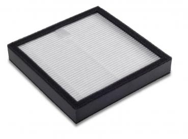 The image shows a square air filter with a black frame and a textured, white filter surface. It has a flat shape and is rectangular.