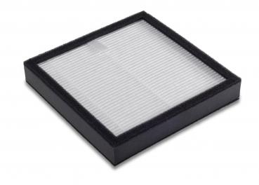 The image shows a square filter with a black border. The surface is light and has a textured, ribbed arrangement that is oriented horizontally.