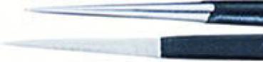 The image shows two pointed objects: a metallic, shiny end and a black, matte end. They are arranged side by side and appear like tools or instruments.