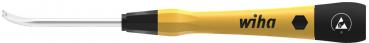 The image shows a yellow screwdriver with a slightly curved, narrow tip. The handle has a non-slip coating and bears the logo "wiha".