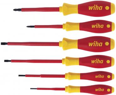 Six screwdrivers are lying side by side. They have yellow handles with red surfaces and bear the word "wiha". The length of the screwdrivers varies from top to bottom.