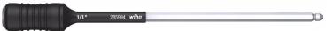 The image shows a slim screwdriver with a black, rubberized handle. The blade is silver and has a pointed tip. It is long and has a wide area on the handle.