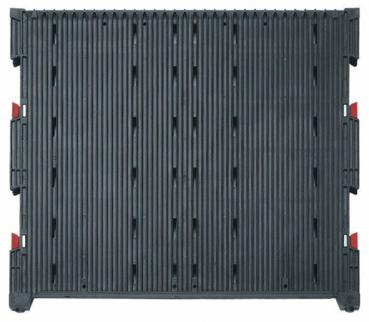 The image shows a rectangular, black-gray structure with vertical grooves. At the corners, there are red elements visible that hold the entire object together.