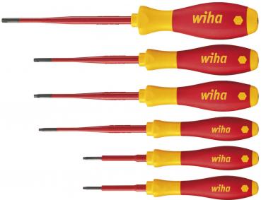 The image displays six screwdrivers of various sizes. The handles are red with yellow accents and the inscription 