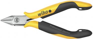The image shows a pair of pliers with a pointed, sharp edge and a colored grip area. The handles are primarily black with yellow accents and the brand name "wiha".