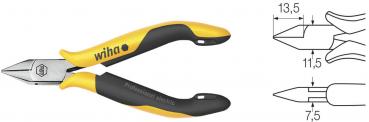 The image shows a colored pliers with black and yellow handles. On the right are technical drawings that specify various dimensions of the pliers. It has a pointed cutting edge.