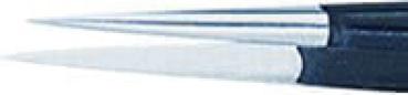 The image displays the tip of a silver pen, which tapers to a point. The grip is black and distinctly contrasted with the shiny metal.