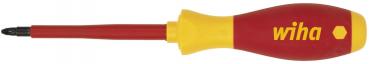 The image shows a red screwdriver with a yellow handle. The handle has an ergonomic shape and bears the logo 