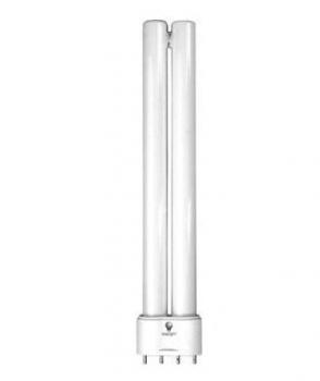 The image displays a compact, round, white fluorescent lamp with two long tubes arranged vertically next to each other. Below is a cylindrical socket with multiple contacts.