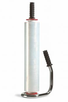 The image shows a white rolling table runner with a handle and a metal base. The roller is cylindrical and has threads at both ends. It is used for applying paint.