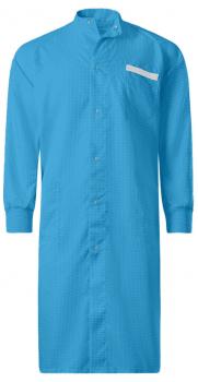 The image shows a long, light blue coat with long sleeves. It has a buttonable front and a small chest pocket. The fabric appears light and smooth. The collar is high-closed.
