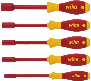 The image shows five screwdrivers with red handles and yellow ends. The handles have a curved shape, and they vary in length from top to bottom.