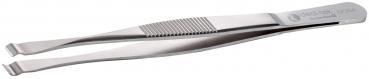 The image shows a silver stainless steel tweezer. It has a narrow, long shape with slightly curved ends and a serrated surface for better grip.