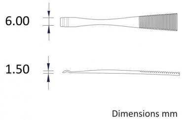Das Bild zeigt eine technische Zeichnung mit zwei Werkzeugen. Oben ist ein Zahn mit einer Breite von 6 mm, unten ein Haken mit einer Breite von 1,5 mm. Beide sind schematisch dargestellt.