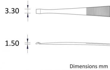 Das Bild zeigt zwei Präzisionswerkzeuge mit unterschiedlichen Durchmessern: eines hat eine Breite von 3,30 mm und das andere von 1,50 mm. Unter den Werkzeugen steht ?Dimensions mm?.
