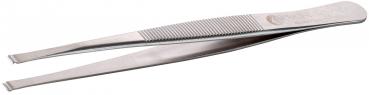 The image shows a metallic tweezer. It has two long, narrow arms that fold together and form a fine opening at the tip. One side is ridged for a better grip.