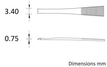 The image displays technical drawings with dimensions. At the top is a narrow, elongated object with a width of 3.40 mm. Below is a similar object with a width of 0.75 mm.