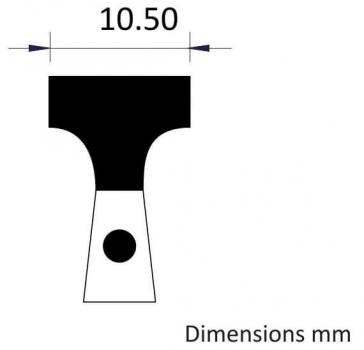 Das Bild zeigt eine schematische Darstellung eines Werkzeugs mit einer breiten, rechteckigen Kante oben und einem schmalen Griff unten. Der Durchmesser des Grifflochs ist angegeben.