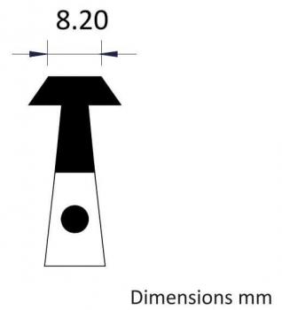 The image displays a technical drawing with a measurement of 8.20 mm. It features a narrow shape extending upwards, with a black area and a round black dot at the bottom.