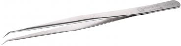 The image shows a smooth, metallic tweezer with a narrow, pointed shape. The ends are slightly curved and well-suited for grasping small objects. It has a polished surface.