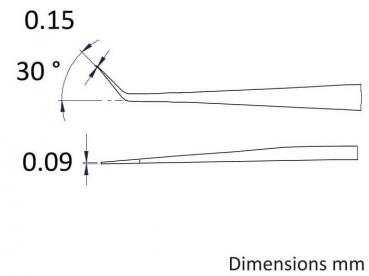 The image displays technical drawings of an object from two perspectives. The top view shows one side with dimensions of 0.15 mm and a 30° angle, while the bottom view shows another side with 0.09 mm.