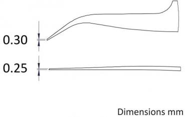 Das Bild zeigt eine technische Zeichnung eines Objekts mit zwei verschiedenen Höhen: 0,30 mm und 0,25 mm. Es sind klare Linien und Maße abgebildet, die den Verlauf des Designs darstellen.