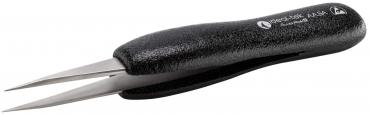 The image shows a black tweezer with an ergonomic grip structure. The pointed, sharp ends are metallic and slightly separated from each other.