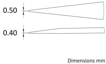 The image shows two conical shapes: one on top with a width of 0.50 mm and one below with 0.40 mm. Both shapes are sketched without color.