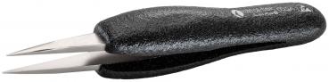 The image shows a black tweezer with two pointed, shiny tips. The handle is ergonomically shaped and has a non-slip surface. Ideal for precise tasks.
