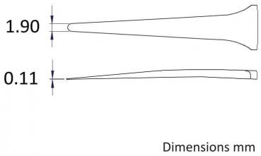 The image shows two linearly depicted objects, with the upper one being 1.90 mm and the lower one 0.11 mm thick. The measurements are clearly marked. Below the drawings, it reads "Dimensions mm".